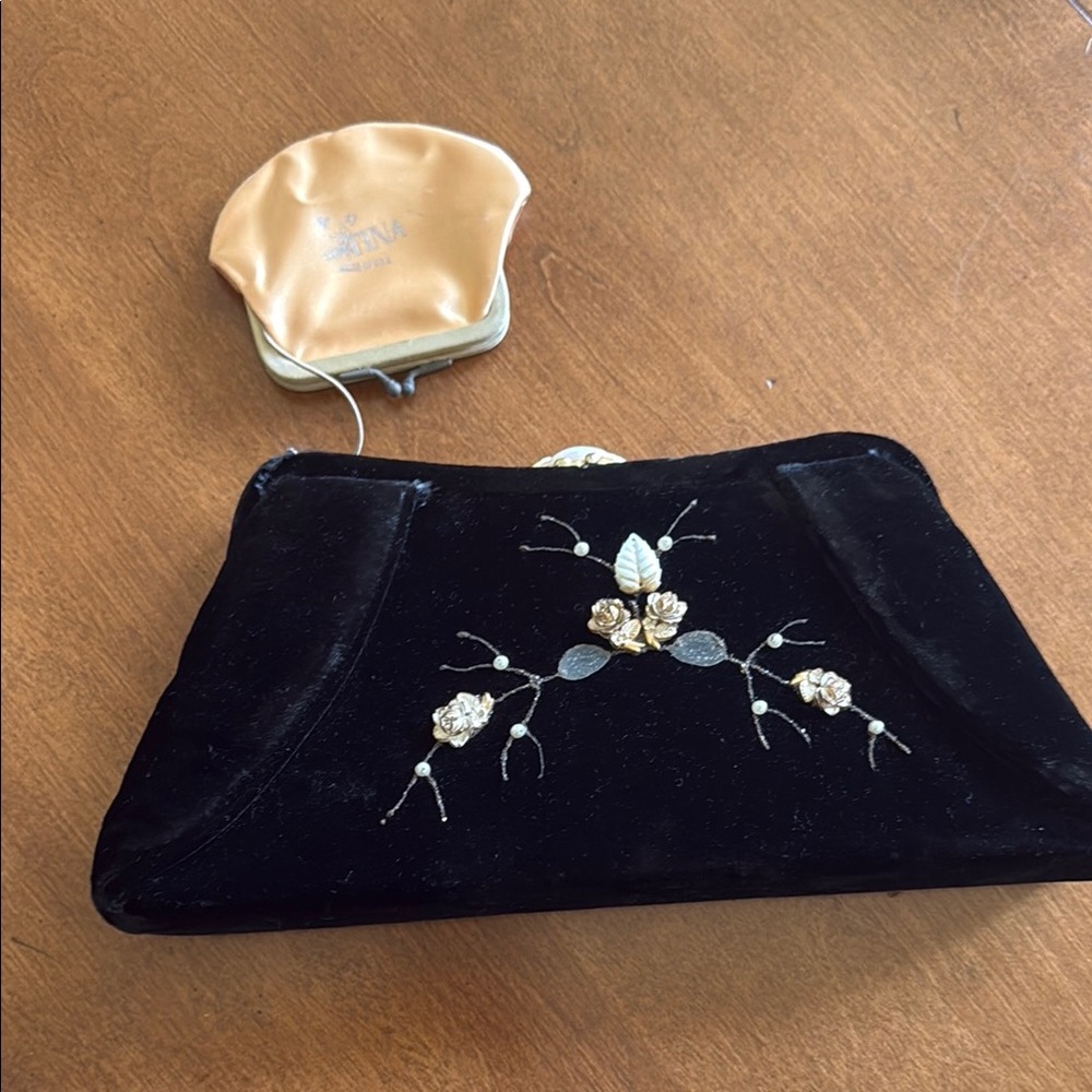 Vintage 50’s Black Velvet Clutch purse with Floral Beading